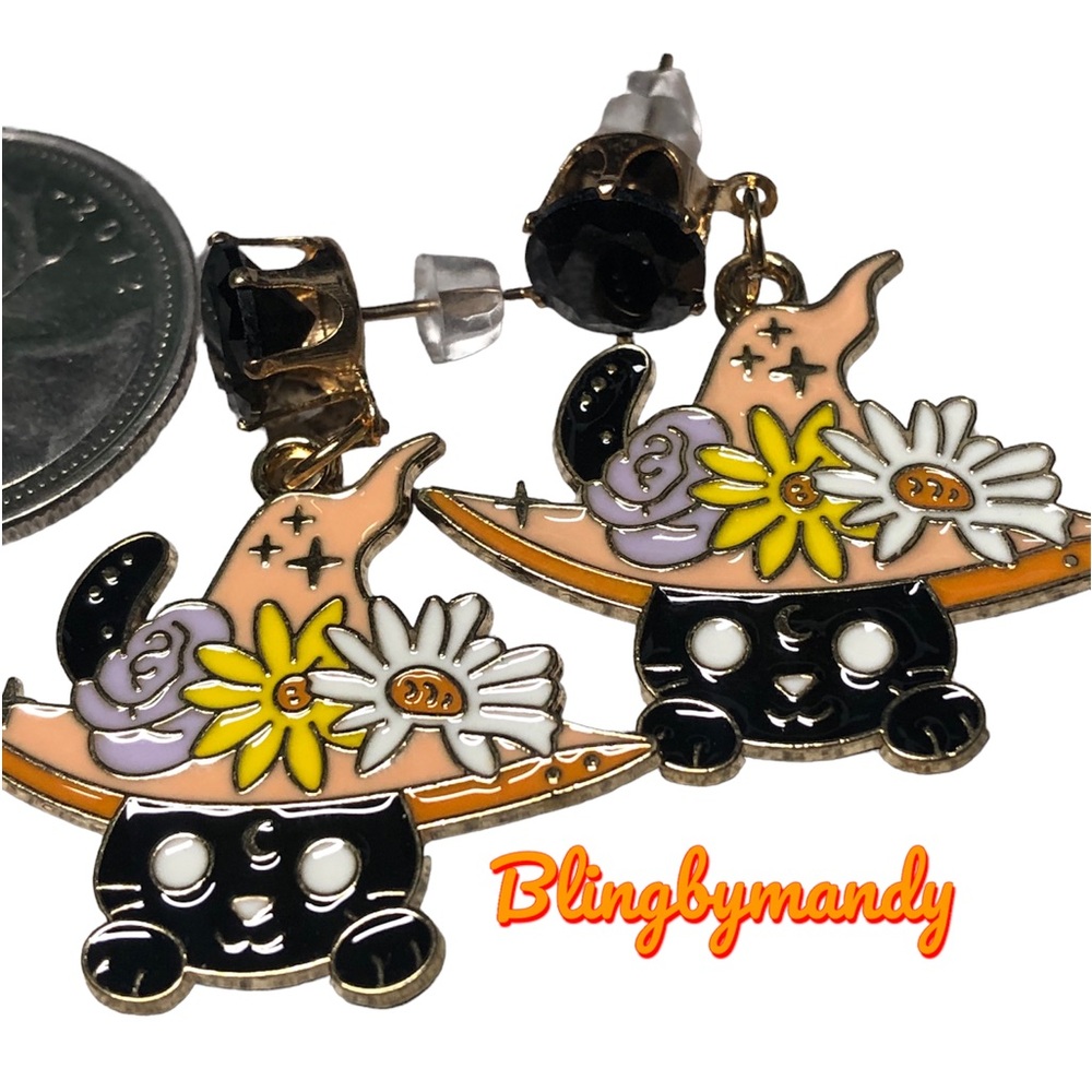 2/22 Black cat in witches hat -earrings with black rhinestone stud-Halloween